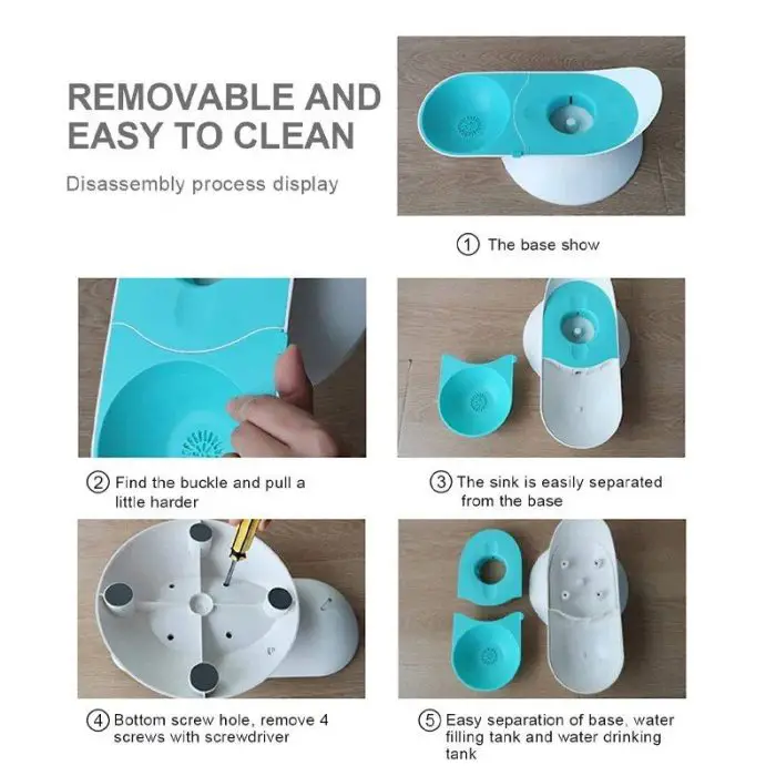 Step-by-step guide on disassembling the 12816-0a4a9b.jpg cat water fountain for cleaning, demonstrating how to remove the base, separate parts, and access both the water tank and filter with comprehensive text instructions accompanied by images.