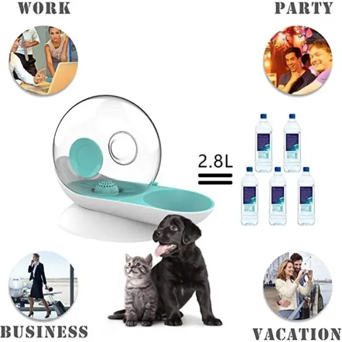 The 12816-86d23a.jpg Cat Water Fountain for pets has a 2.8-liter capacity and is perfect for various activities such as work, parties, business trips, and vacations. Charming images depict a kitten and puppy sitting adorably in front of the fountain.