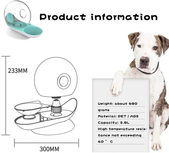 Diagram of a cat water fountain with dimensions 233mm by 300mm displayed. A dog stands next to a list: Product Name: 12816-a7066b.jpg, Weight: ~680 grams, Material: PET/ABS, Capacity: 2.8L, Heat resistance: ≤ 40°C.