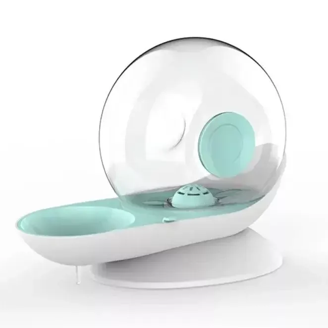 Introducing the 12816-b46124, a contemporary spherical aquarium designed with a transparent bubble top, sleek white base, and light blue interior and water basin. Its modern aesthetic is reminiscent of an elegant cat water fountain.