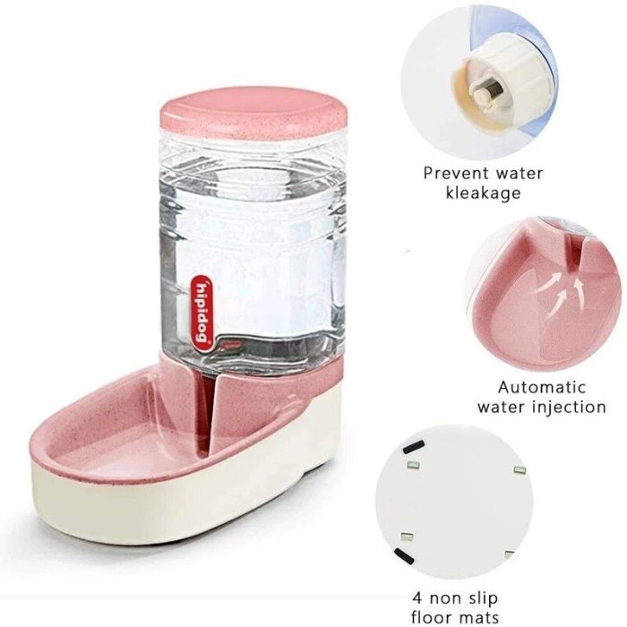 The 12817-0b6215.jpg pet water dispenser system features a clear water tank, a pink water bowl base, and distinct labeled attributes: prevention of water leakage, automatic water injection, and four non-slip floor mats. It pairs perfectly with an Automatic Cat Feeder to help maintain your pet's healthy routine.