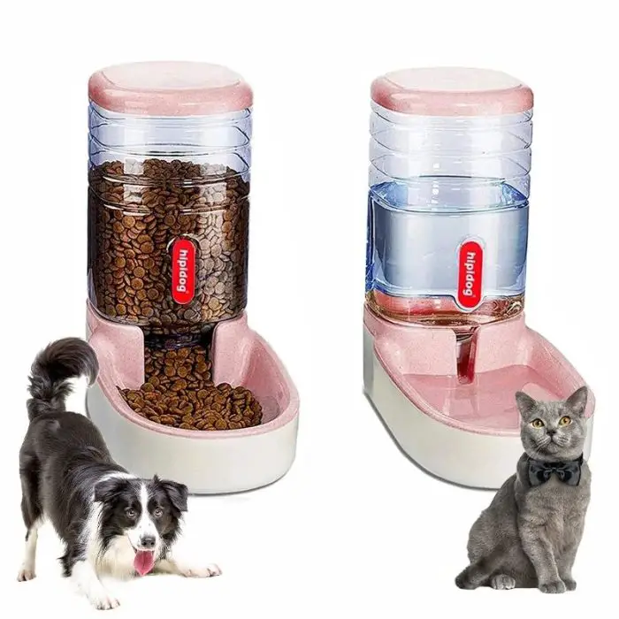 Two automatic pet feeders: one containing dry brown kibble and the other filled with clear water. A standing black and white dog and a seated grey cat are positioned beside the feeders, making use of the advanced 12817-3b38d3.jpg for easy mealtime routines.