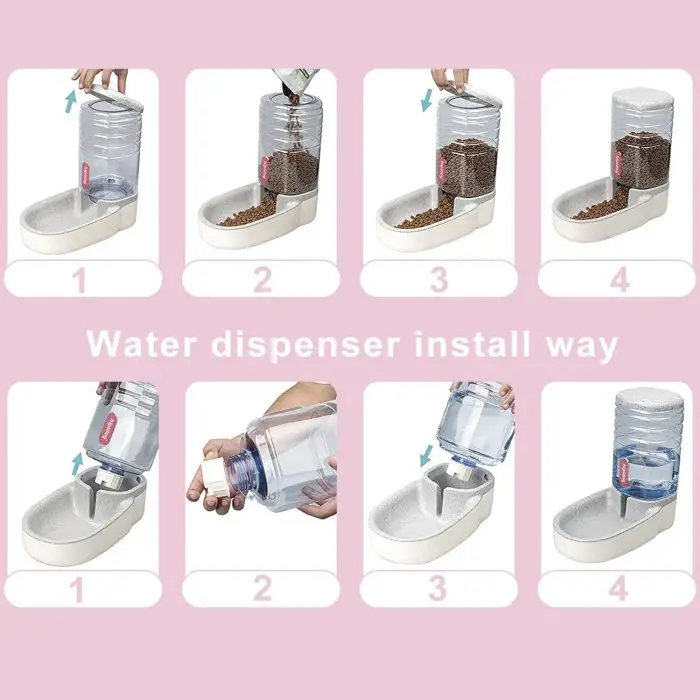 Step-by-step guide for assembling the 12817-426cfe.jpg automatic cat feeder and water dispenser. Steps 1-4 demonstrate how to fill and attach containers for both dispensers on a pink background.