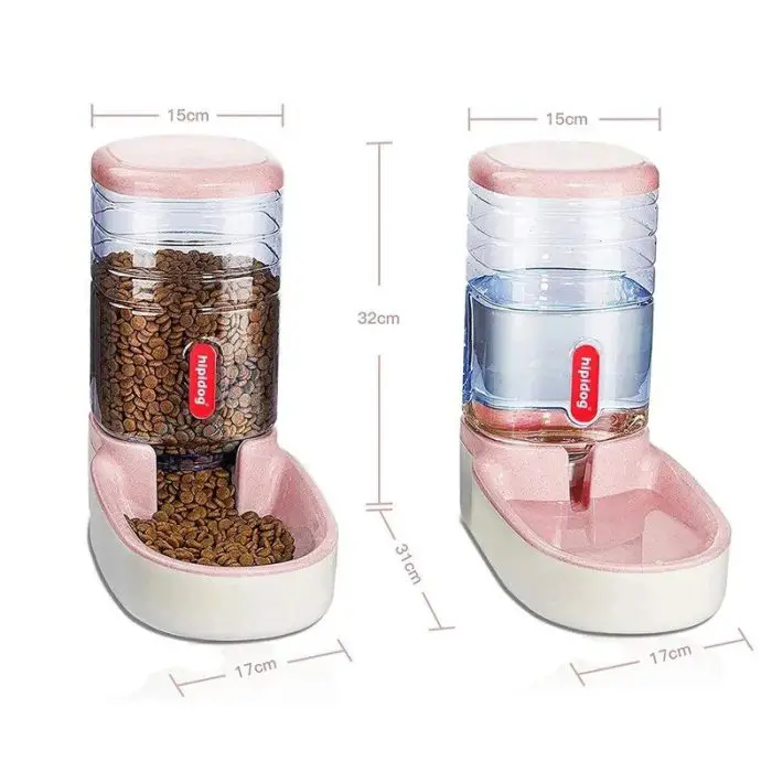 Side-by-side images of a pink automatic cat feeder filled with kibble and a water dispenser. Both dispensers, labeled as 12817-95db00.jpg, measure 32cm high, 15cm wide at the top, and have a base width of 17cm.