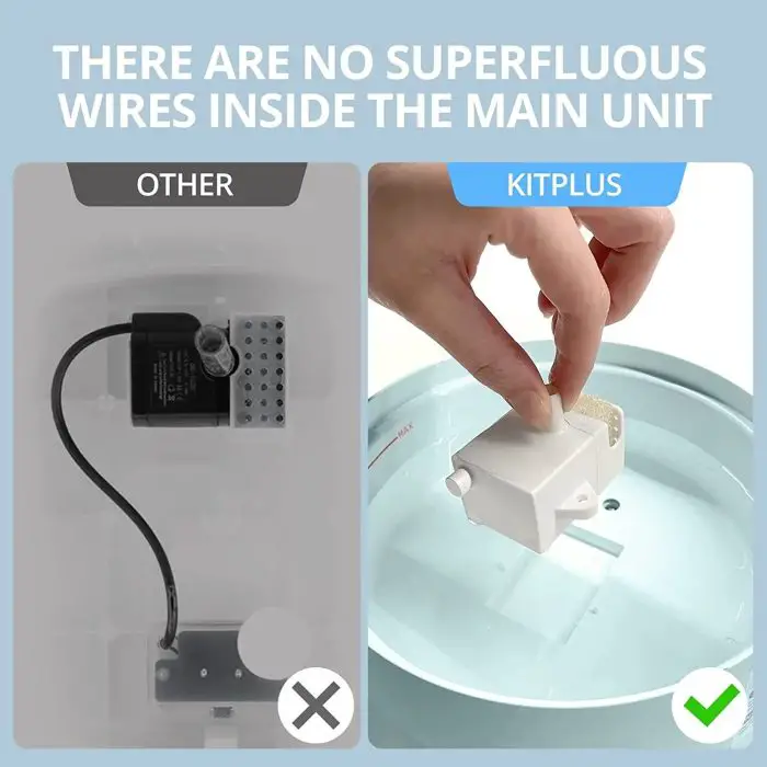 Comparison image showing two main units. The left unit labeled "OTHER" has visible wires, while the right unit labeled "12818-2cf442.jpg" has a hand holding a compact, wire-free component. Text reads: "THERE ARE NO SUPERFLUOUS WIRES INSIDE THE MAIN UNIT." It's as seamless as a cat water fountain.