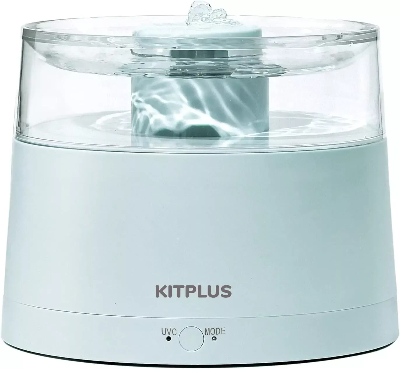 The KITPLUS product, labeled as 12818-b4a1f6.webp, is a white, cylindrical ultrasonic humidifier featuring a clear top and control buttons for UVC and Mode; it's also designed to function as a cat water fountain.