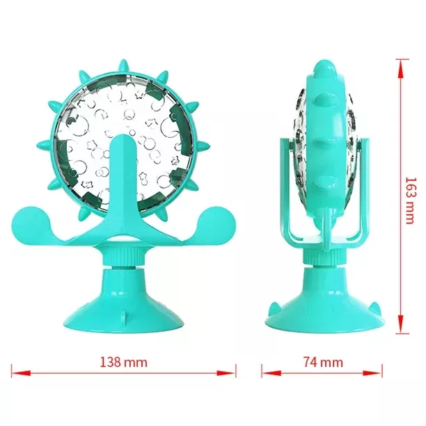 The product "12819-1ce519.webp" is a turquoise baby mobile with a suction base, featuring dimensions of 138mm in width, 74mm in depth, and 163mm in height; side and front views are depicted. Resembling a playful cat turntable toy, it is designed to captivate your baby's attention.