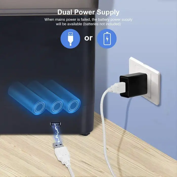 The image, 12878-07de86.jpg, displays a feeder featuring dual power supply options: a USB cable connected to a wall socket and a battery compartment holding three batteries. An illustration above the image highlights these two power options.