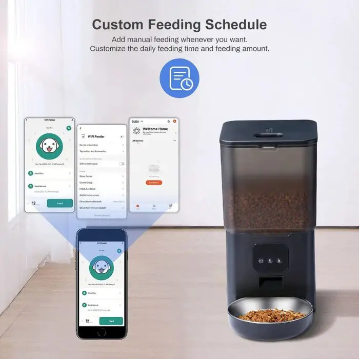 The 12878-189344.jpg automatic pet feeder, featuring a touch screen, is shown dispensing kibble into a metal bowl. Smartphone screens display the app used to customize feeding schedules and portion sizes, making it easy to ensure your pet gets their meals on time.