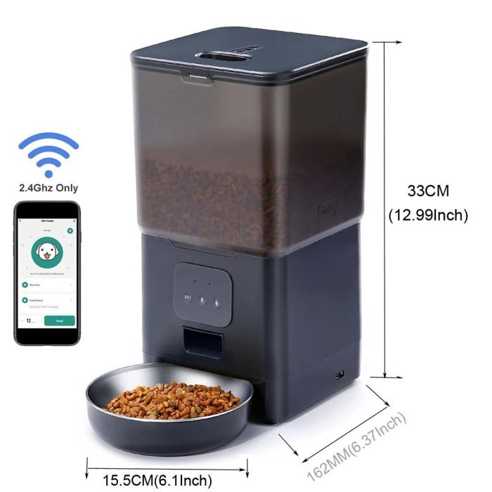 The image titled "12878-37377e.jpg" showcases an automatic pet feeder equipped with Wi-Fi connectivity. It includes dimensions, a smartphone displaying the control app, a feeder filled with pet food, and a bowl positioned in front for dispensing.