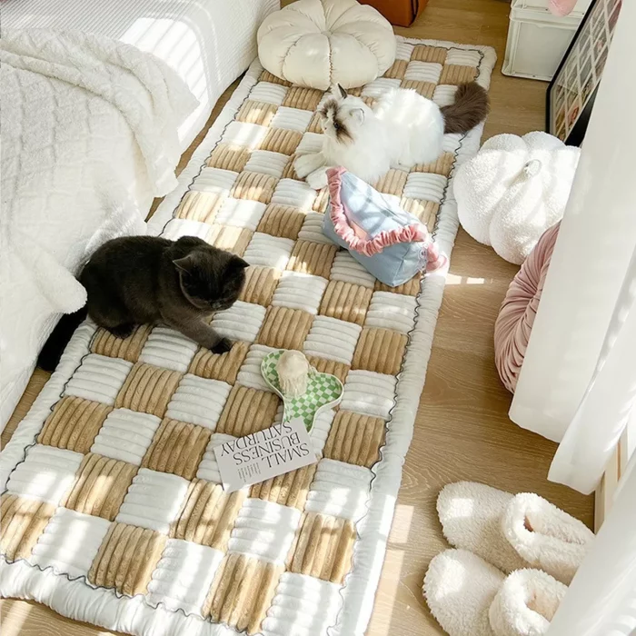 Two cats lying on a checkered mat by a window, surrounded by various cushions and cat toys, on a bright room’s luxurious 9523-189690.webp with wooden flooring.