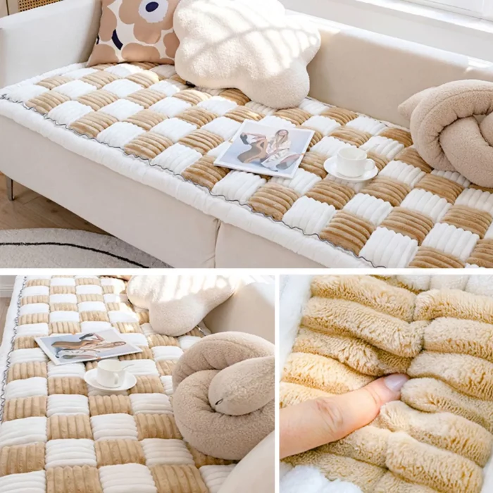 A cozy beige and white checkered blanket with luxurious anti-slip backing laid on a sofa with a magazine, a teacup, and a cushion. Close-up views show the 9523-8098c6.webp's soft, plush texture.