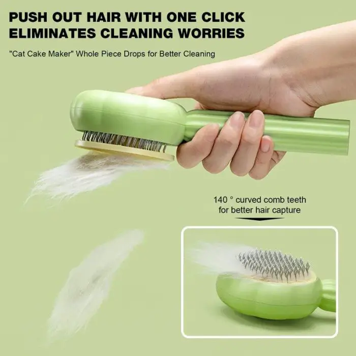 9548-137620.jpg with a push-button release feature for easy hair removal. The brush has 140° curved comb teeth for better hair capture, ideal for both long hair pets and short hair pets.