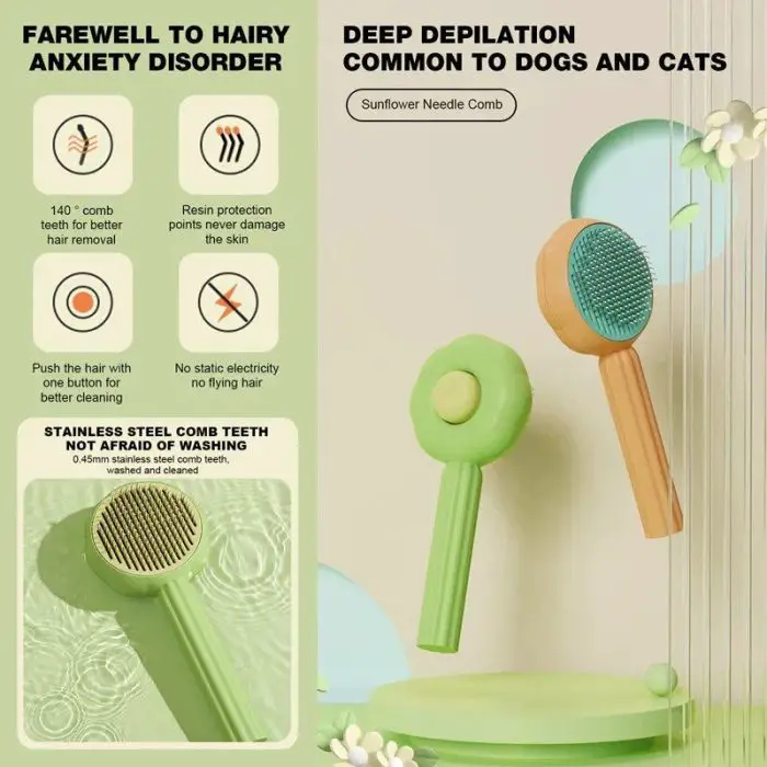 Promotional image of 9548-e91ab1.jpg for pet grooming. Features a 140° comb teeth angle, resin protection points, stainless steel teeth, and is suitable for long/short hair pets. This self-cleaning grooming brush is perfect for both dogs and cats.