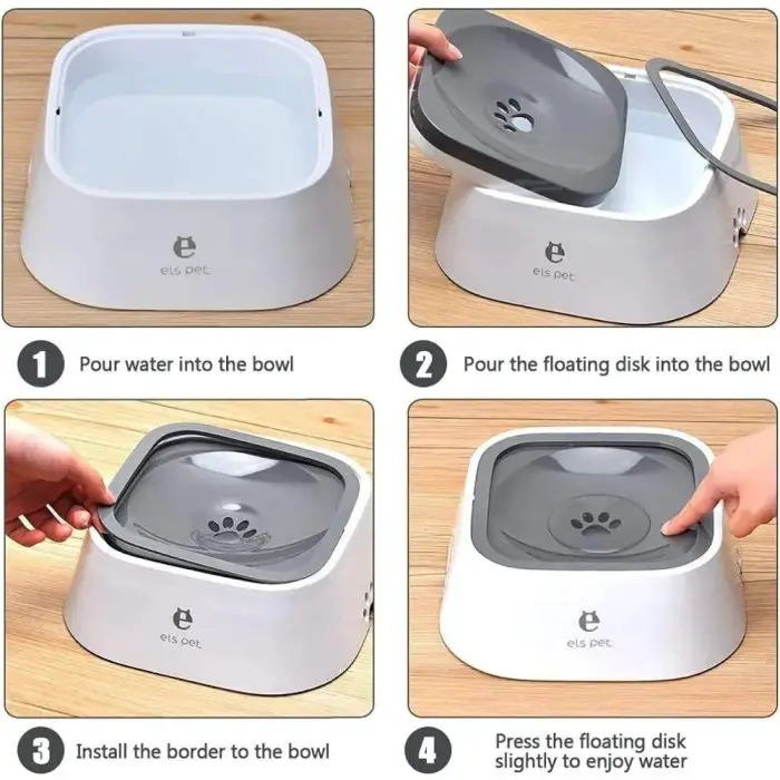 A step-by-step guide showing how to use a 9558-134007.jpg with a floating disk. Steps include pouring water into the bowl, placing the floating disk, installing the border, and pressing the disk for a non-wetting experience.