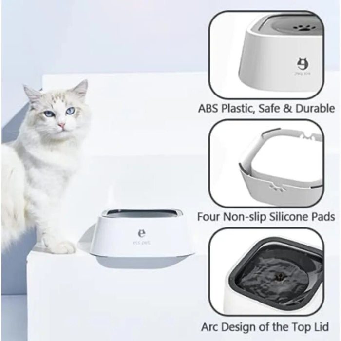 A white cat sits beside a 9558-539649.jpg with descriptions detailing its ABS plastic build, non-slip silicone pads, and an arc design on the top lid, ensuring it remains spill-proof and non-wetting.