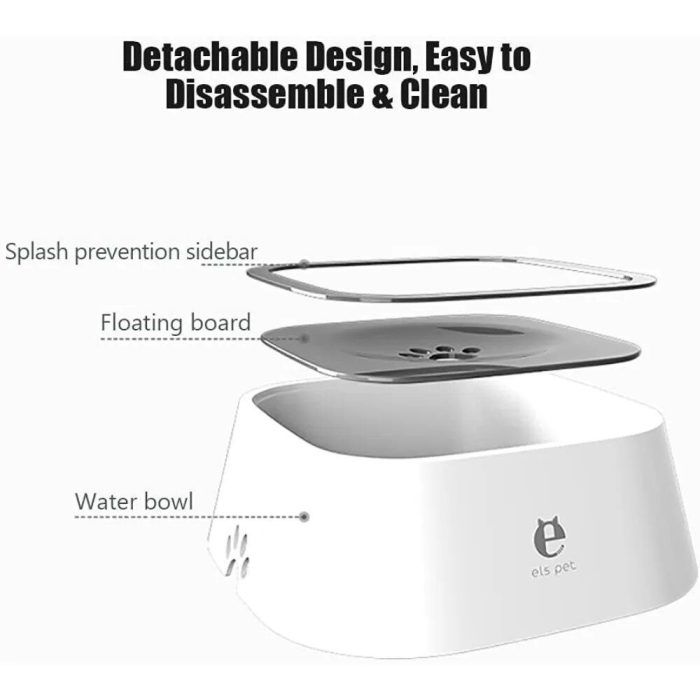 Diagram of a white three-part spill-proof pet bowl for pets, showing the water bowl, floating board, and splash prevention sidebar with the text "9558-ca6045.jpg" at the top.