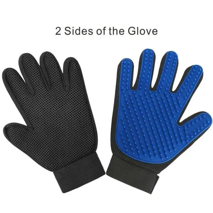 Two black gloves are shown. One glove has a blue rubber surface with raised dots on the palm side, perfect for grooming. The other glove displays its black fabric side. Text above the gloves reads, "2 Sides of the Glove: 9591-a671c5.jpg.