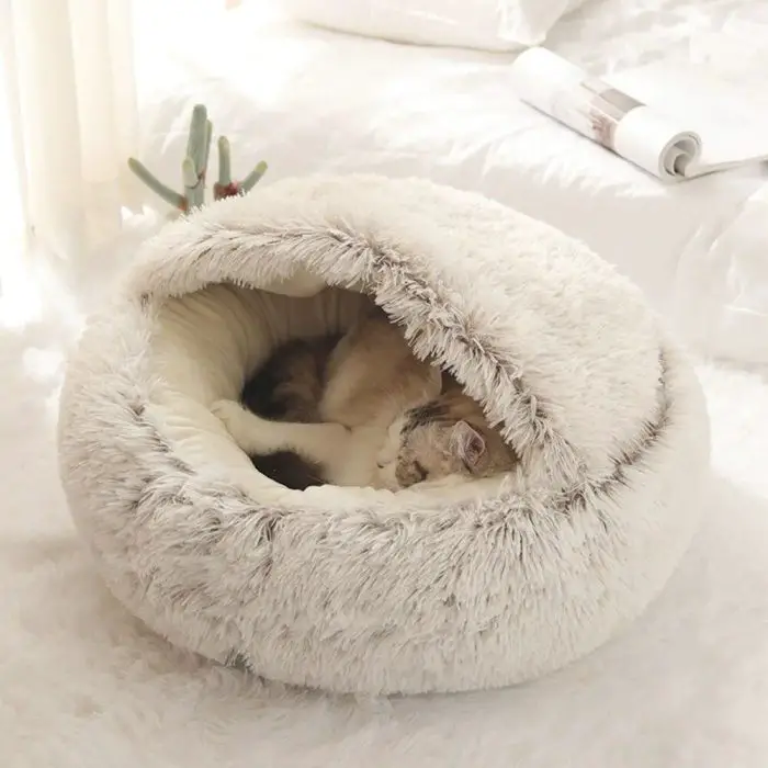 A cat is sleeping inside 9653-c29004.jpg with cozy, soft, round, light fur-covered cushions. A rolled-up magazine and a small potted plant are visible in the background on a white surface.