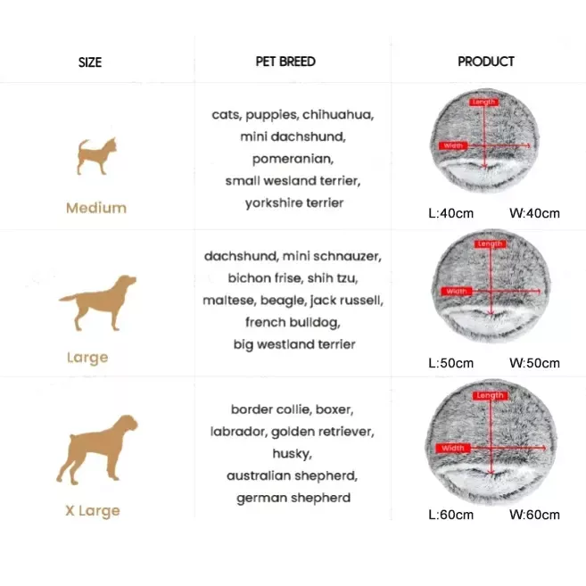 Size chart for the 9653-d0dd36.webp featuring three sizes (Medium, Large, X Large) with corresponding breeds and product dimensions in length and width.