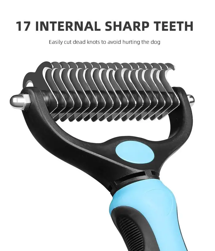 A grooming tool with 17 internal sharp teeth designed to easily cut dead knots without hurting dogs. This double-sided hair remover features a black handle with a blue grip, making the 9678-367bbc.jpg the ultimate pet brush.