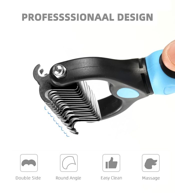 A hand holding a black and blue 9678-585221.jpg with text "PROFESSIONAL DESIGN". The double-sided hair remover has round-edged, double-sided blades and is shown with icons for double side, round angle, easy clean, and massage.