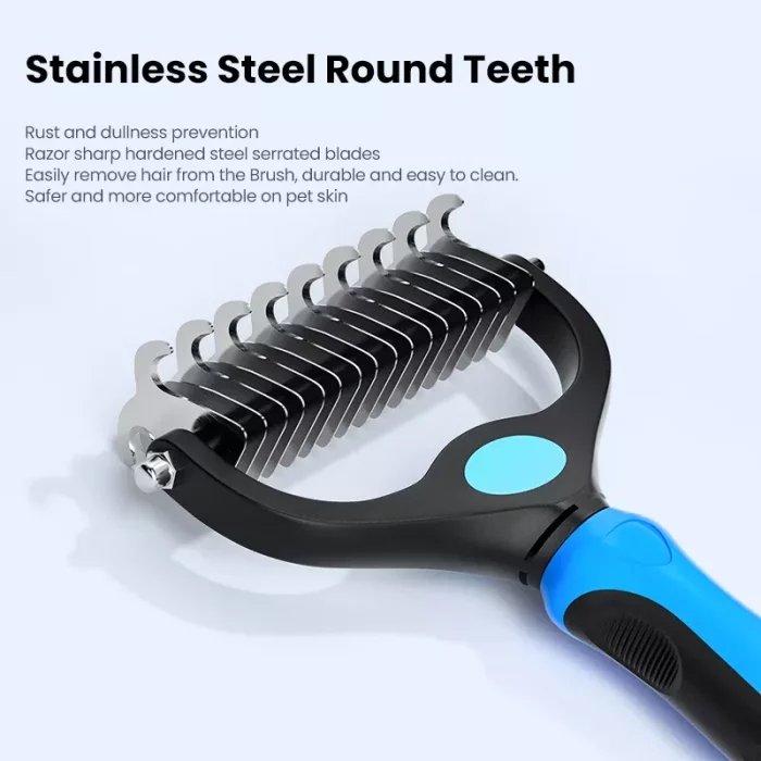 Close-up of 9678-665be7.webp with stainless steel serrated blades and a black and blue handle, designed to remove hair easily and comfortably from pets' skin. Features listed above the tool.