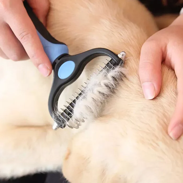 A hand brushes the fur of a light-colored dog using the double-sided 9678-6ca264.webp, efficiently removing loose hair and keeping pets looking their best.