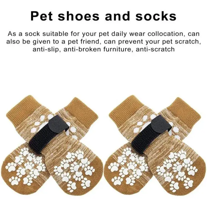 Brown pet socks with white paw prints and adjustable black straps, designed to prevent pets from scratching, slipping, and damaging furniture. Text at the top describes features and uses. The 9767-15bbf6.jpg are perfect for ensuring your pet's safety indoors.