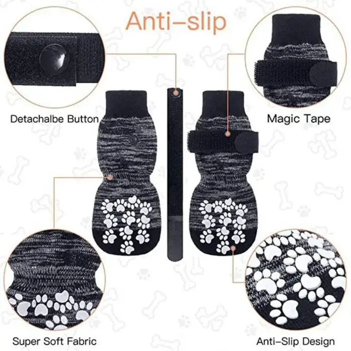 Image showing 9767-3f4b21.jpg with detachable button, magic tape, super soft fabric, and an anti-slip design featuring paw prints on the sole. These waterproof dog socks provide added protection and comfort for your furry friend.