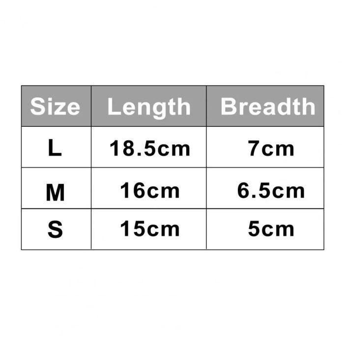 A size chart featuring three rows: L with dimensions 18.5cm by 7cm, M with 16cm by 6.5cm, and S with 15cm by 5cm—ideal for selecting the perfect fit of 9767-4ba9eb.jpg.