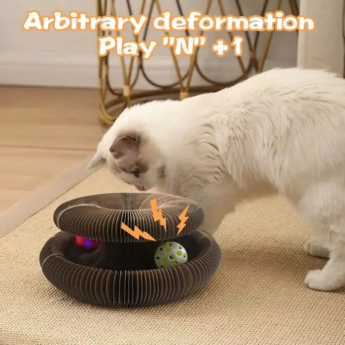 A white cat interacts with a circular, brown 9796-6388c1.jpg that has balls inside. The text above reads "Arbitrary deformation Play 'N' +1" in orange letters. The floor is light-colored wood with a beige rug.