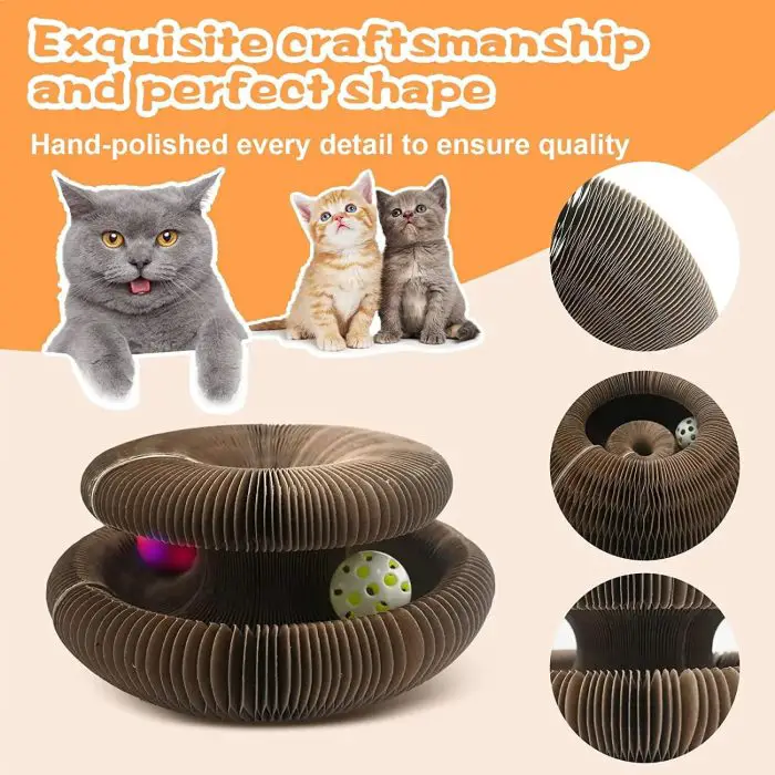 A cat toy with a circular, honeycomb-like design featuring multiple layers and a ball inside. Three cats are pictured above the toy along with text describing the craftsmanship of 9796-8bdea7.jpg.