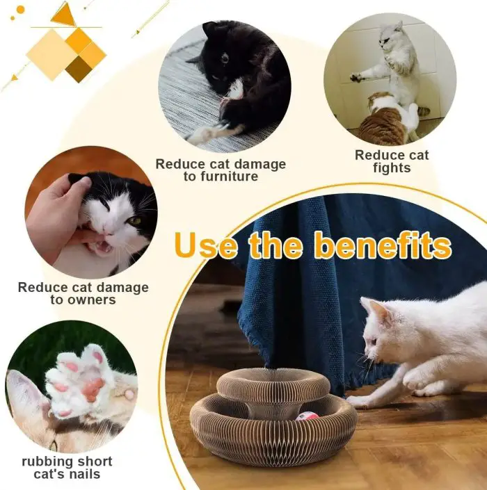 A circular 9796-f53d80.jpg with a ball toy in the center. The image highlights benefits like reducing furniture damage, minimizing cat fights, and protecting owners' hands from scratches.