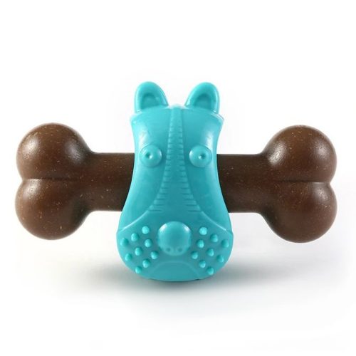 A brown bone-shaped rubber pet chew toy featuring a turquoise dog face in the center, designed to be bite-resistant, 9804-1bdd93.jpg.