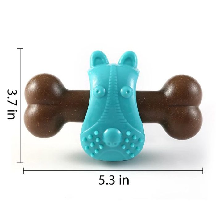 A 9804-6088f9.jpg shaped like a brown bone with a blue animal head in the center. The dimensions are 5.3 inches in width and 3.7 inches in height.