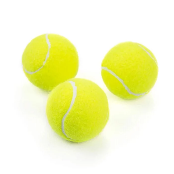 Three yellow 9820-0a9f1b.webp with white curved lines are displayed on a plain white background, perfect as 9820-0a9f1b.webp for pets and ideal for use with pet ball throwers.