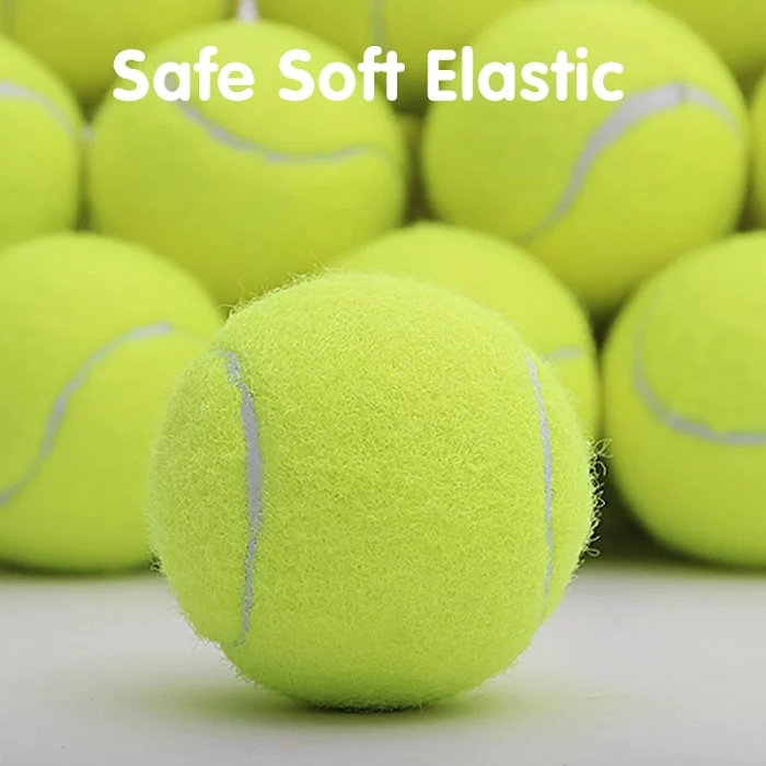 Several yellow tennis balls in focus with a text overlay that reads "Safe Soft Elastic," perfect for pet ball throwers and available as 9820-266125.webp fleece tennis balls.