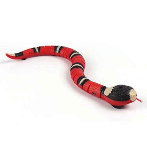 A snake toy with a red body, black head, and white bands is shown. It has a raised head and its tongue is extended. This 9828-12caa0.jpg adds convenience to playtime with its smart sensing abilities.