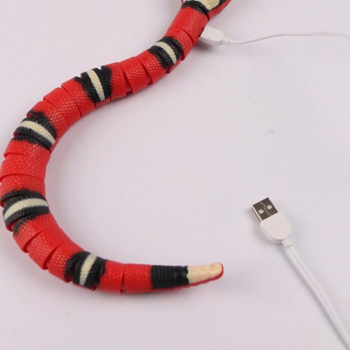 A segmented, red, black, and white 9828-763461.jpg designed for cats is positioned next to a white USB cable with a micro-USB connector.