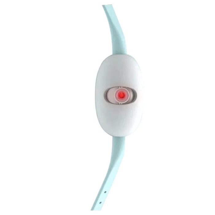 A white and turquoise 9835-2e35ee.jpg with a central button, glowing red indicator light, and USB charging functionality.