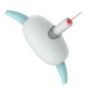 A white and blue medical device with a protruding red laser is depicted against a white background, resembling 9835-7e5f7a.jpg.