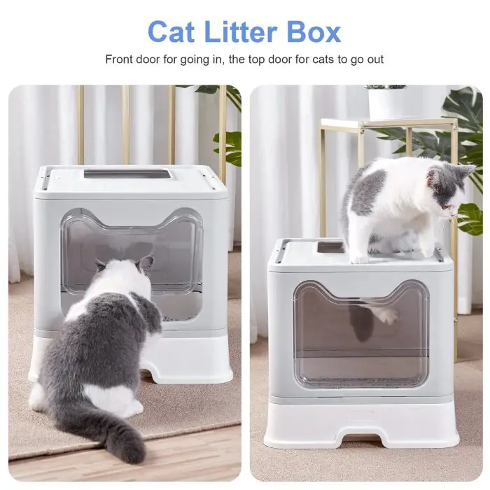 Two images of a white and gray cat with a square cat litter box. The litter box, featuring a front entrance and a top exit, comes with an optional lid. The cat is seen using both entrances. Text reads, "9845-b2e95b.jpg