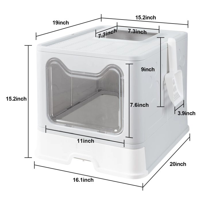 A white enclosed cat litter box with a clear front panel, side and top entrance, measuring 20 inches high, 16.1 inches wide, and 19 inches long. The 9845-c94e82.jpg with lid includes a scoop hanging on the side. Dimensions shown.