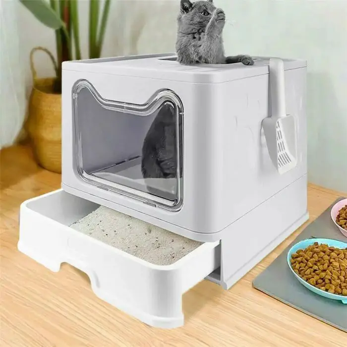 A gray cat sits atop a 9845-e651e4.jpg with a transparent front door and pull-out tray. A second cat can be seen inside the 9845-e651e4.jpg. Nearby, food bowls are placed on a table.