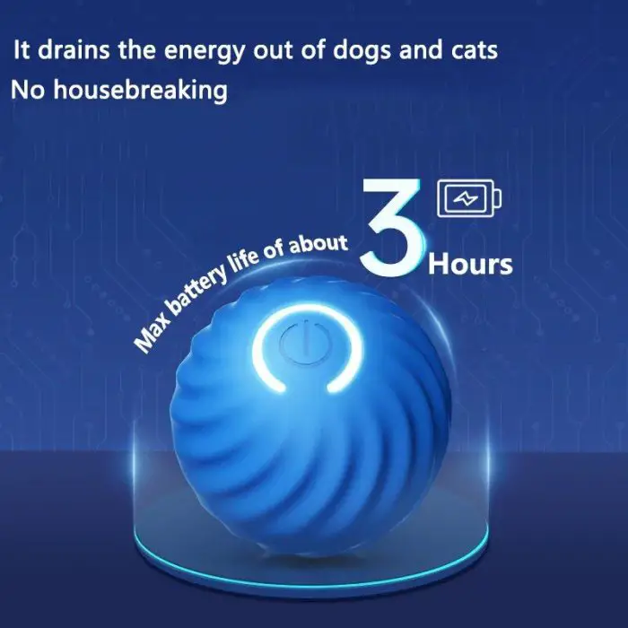 Blue electronic pet toy ball with an image of a battery and text stating, "It drains the energy out of dogs and cats. No housebreaking. Max battery life of about 3 hours." This 9854-0ca153.jpg ensures your pets stay entertained without any mess.