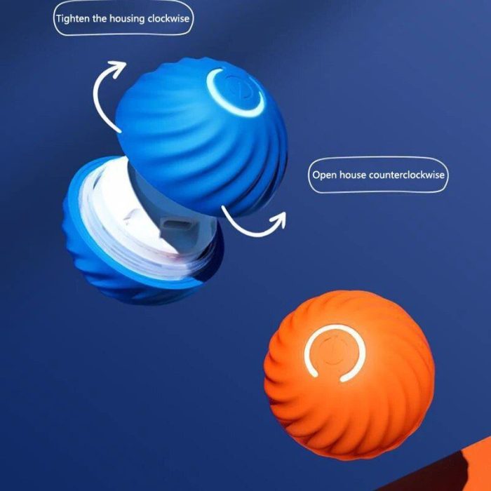 Two spherical devices, one blue and one orange, demonstrate how to open and close them. Arrows indicate to "Tighten the housing clockwise" and "Open housing counterclockwise." Perfect as an interactive dog toy, these 9854-ca207e.jpg are designed for easy maintenance.