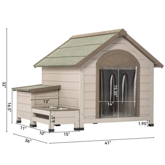 This 9869-019f03.jpg, adorned with a green roof and beige walls, features an elevated feeding station and side storage box. It measures 32 inches in height, 36 inches in depth, and 41 inches in width, with a 14-inch wide door for easy access.