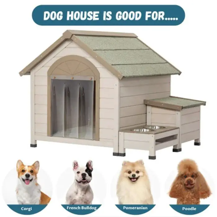 A deluxe wooden dog house with a cream color and green roof, featuring an elevated feeding station and pictures of four dog breeds: Corgi, French Bulldog, Pomeranian, and Poodle. Text above reads "9869-6c0599.jpg IS GOOD FOR.....