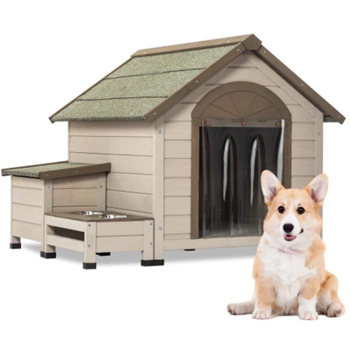 A small dog sits in front of a 9869-8dd2a2.jpg. The doghouse features an elevated feeding station with two stainless steel bowls and a convenient storage compartment.